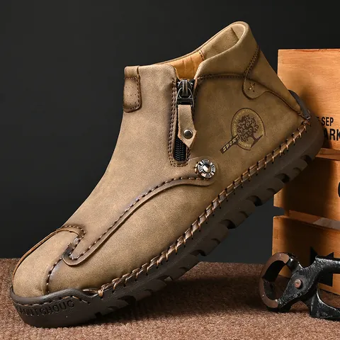 Men Vintage Martin Boots High Top Side Zipper Work Boots Hand Stitched Non Slip Winter Warm Microfiber Leather Boots
