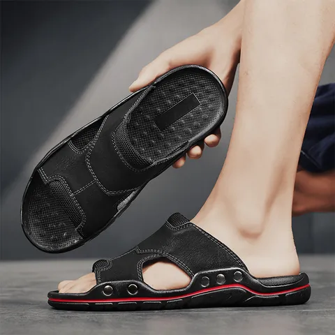 Herren Lässige Mikrofaser Leder Pantoletten Nieten Dekor Rutschfeste Sommer Outdoor Strand Sandalen Atmungsaktive Flip Flops