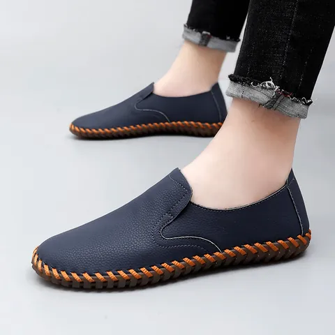 Men's Casual Leather Loafers Cowhide Microfiber Handmade Stitching Slip On Soft Sole Driving Shoes Large Size For Men
