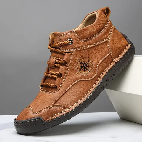 Men's Microfiber Leather Martin Boots Handmade Stitched Compass Pattern High Top Work Boots Non-Slip Rubber Sole Casual Outdoor Shoes