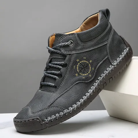 Men's Microfiber Leather Martin Boots Handmade Stitched Compass Pattern High Top Work Boots Non-Slip Rubber Sole Casual Outdoor Shoes