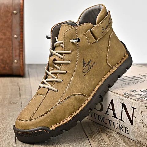 Men Martin Boots Outdoor High-top Leather Boots Hand-stitched Retro Casual Work Boots For Winter Waterproof Non-slip Men Boots