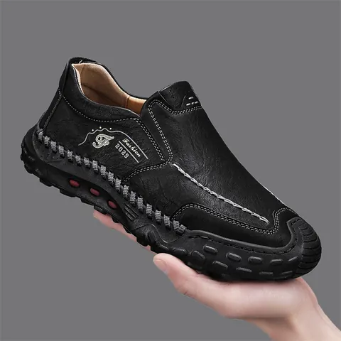 Mocassins en Cuir Microfibre pour Hommes Cousus à la Main Chaussures Décontractées à Enfiler Couleur Unie Semelle en Caoutchouc
