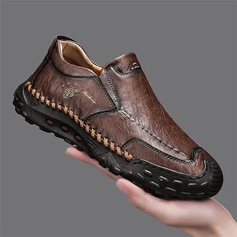 Mocassins en Cuir Microfibre pour Hommes Cousus à la Main Chaussures Décontractées à Enfiler Couleur Unie Semelle en Caoutchouc