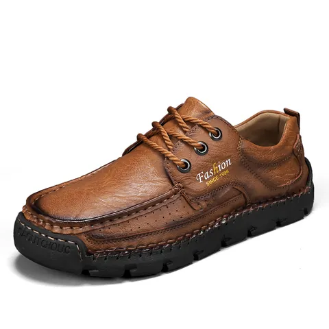 Men's Casual Microfiber Leather Shoes Hand-Stitched Low-Top Lace-Up Non-Slip Breathable Walking Flat Sneakers Large Size Shoes