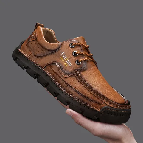 Men's Casual Microfiber Leather Shoes Hand-Stitched Low-Top Lace-Up Non-Slip Breathable Walking Flat Sneakers Large Size Shoes