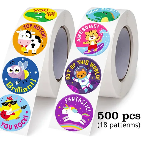 Cartoon Animal Reward Stickers Round PVC Self-Adhesive Encouragement Labels For Teacher Student Classroom DIY Gift Decor