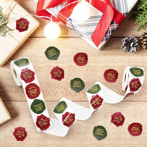 Pegatinas con Relieve de Feliz Navidad Estilo Sello de Cera en Rollo Rojo Verde Dorado Reno Copo de Nieve Regalo Sobre Sellado Pegatinas Decorativas