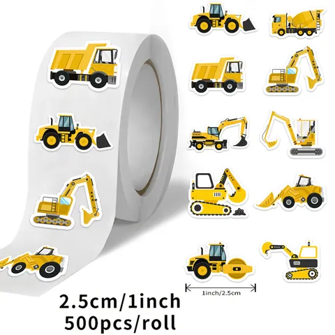 500Pcs Roll Construction Vehicle Stickers Cartoon Excavator Truck Labels For Kids Reward Gift Envelop Sealing Decoration
