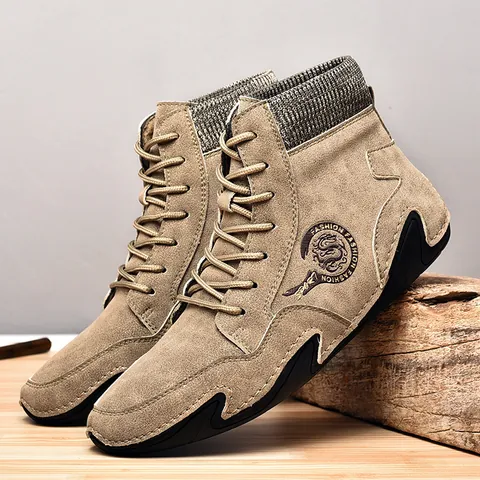 Botas Martin de Estilo Británico Retro para Hombre Con Boca de Calcetín de Punto Cuero de Vaca Botines Casuales Suela de Goma Antideslizante