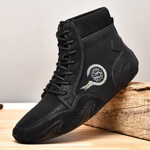 Botas Martin de Estilo Británico Retro para Hombre Con Boca de Calcetín de Punto Cuero de Vaca Botines Casuales Suela de Goma Antideslizante