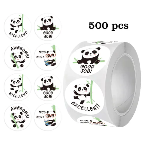 Cute Panda Cartoon Reward Stickers For Children Teachers Motivational English Phrases Round Teacher Incentive School Reward Labels Seals Stickers