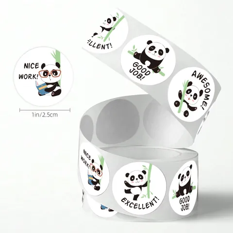 Cute Panda Cartoon Reward Stickers For Children Teachers Motivational English Phrases Round Teacher Incentive School Reward Labels Seals Stickers