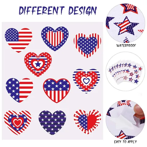 USA Onafhankelijkheidsdag Patriotische Stickers Waterdicht Ster Hart Amerikaanse Vlag Patroon Voor 4 Juli Feestdecoratie Cadeau Etiketten