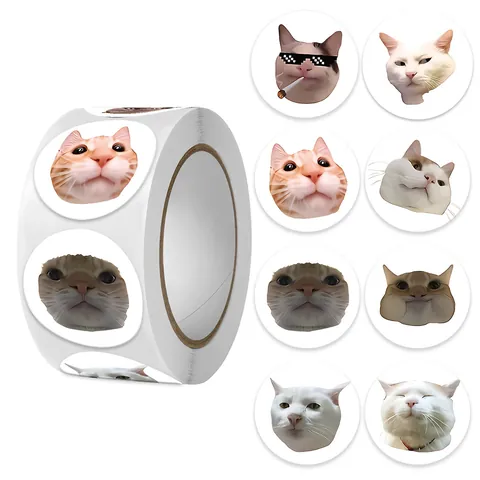 Funny Cat Meme Emoji Decorative Stickers Round Adhesive Sealing Labels For Gift Packaging Diary Scrapbook Stationery Stationery Ornament