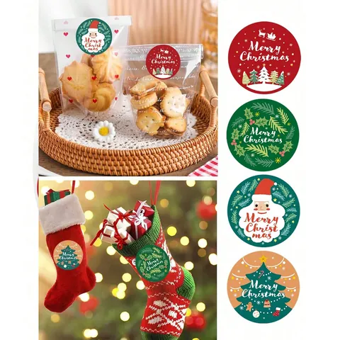 Pegatinas Redondas Merry Christmas Impermeables Removibles Etiquetas Festivas Para Sobres Cajas Regalo Decoración Tarjetas Sellado Dibujos Animados Papelería