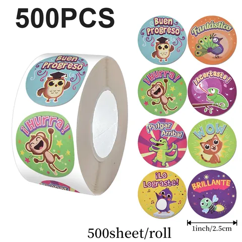 Spanish Animal Reward Stickers Roll Decorative Incentive Label For Teachers Classroom Kids School Supplies Round Stickers