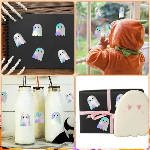 Holographic Laser Halloween Ghost Stickers Irregular Cartoon Graffiti Decals For Festival Party Gift Bag Sealing Decoration