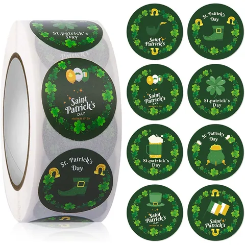 St Patricks Day Shamrock Clover Round Adhesive Stickers Labels For Gift Envelope Sealing Green Festival Party Decor
