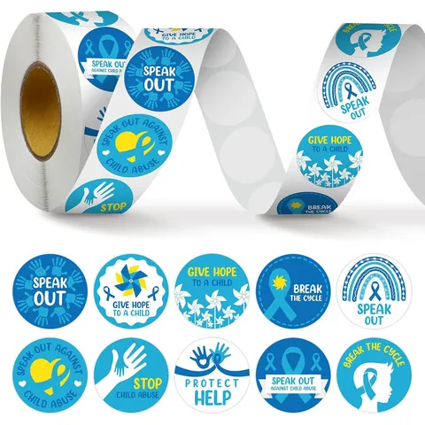 Blue Ribbon Awareness Stickers Roll Child Abuse Prevention Campaign Round Adhesive Labels For Charity Event Decoration