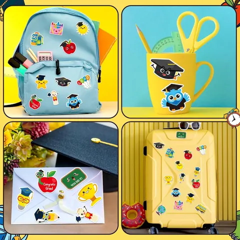 Graduation Stickers Cartoon Reward Labels For Children Students School Bus Academic Cap Pattern Colored Adhesive Stickers