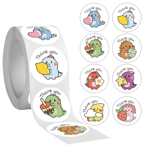 Cartoon Dinosaur Thank You Labels Round Self Adhesive Reward Stickers For Gift Wrapping Sealing Stationery Decoration Scrapbooking