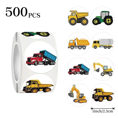 500 Count Roll Cartoon Construction Vehicle Stickers Round Self Adhesive Labels For Kids Toy Car Party Favor Gift Bag Seal Decor