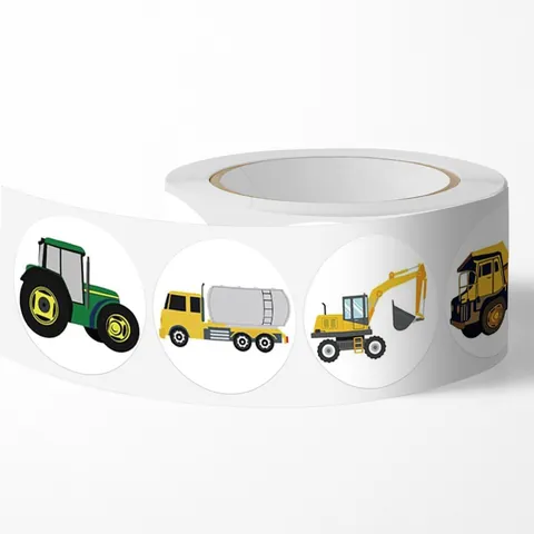 500 Count Roll Cartoon Construction Vehicle Stickers Round Self Adhesive Labels For Kids Toy Car Party Favor Gift Bag Seal Decor