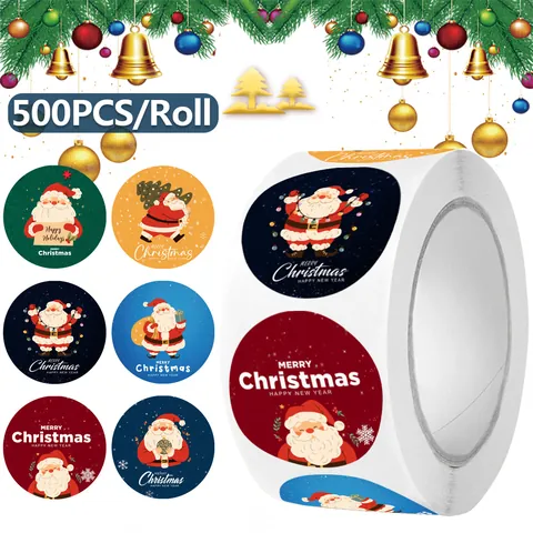 500pcs Roll Christmas Stickers 1 Inch Round Santa Claus Labels Self-Adhesive Decorative Seals For Envelopes Gift Bags