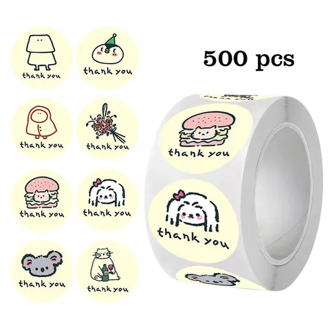 Cartoon Doodle Thank You Stickers Ins Style Round Coated Paper Decorative Labels For Gift Box Sealing DIY Hand Account Decoration