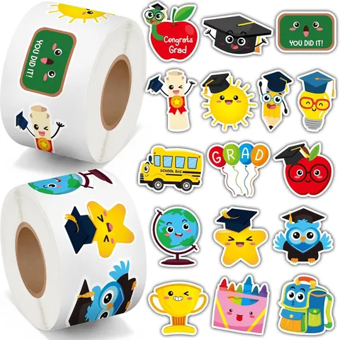 Graduation Stickers Cartoon Reward Labels For Children Students School Bus Academic Cap Pattern Colored Adhesive Stickers