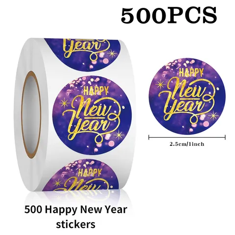 Happy New Year Adesivi Sigillanti Rotondi Per Confezioni Regalo Torta Cottura Decorazione Etichette Cielo Stellato Viola Oro