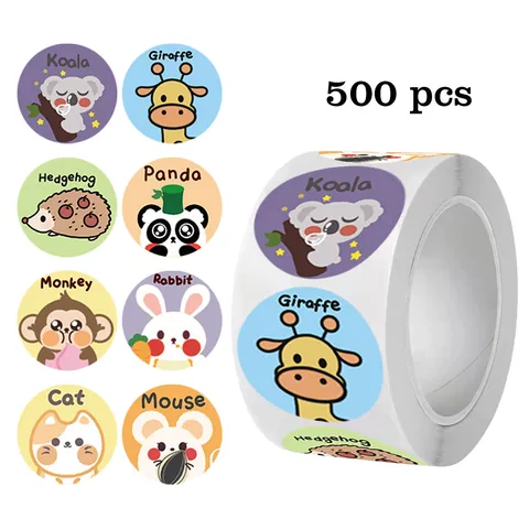 Mignons Autocollants de Récompense Animaux Dessin Animé Rond Étiquettes de Scellage Dessinées à la Main Pour Enfants École Cadeau Décoration