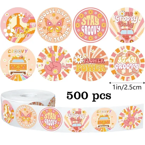 Autocollants en Rouleau Marguerite Graffiti Hippie Bohème Fleur Rétro Signe de Paix Décalcomanies Adhésives Rondes pour Anniversaire Fête Cadeau Enveloppe Sac de Boulangerie Décoration DIY