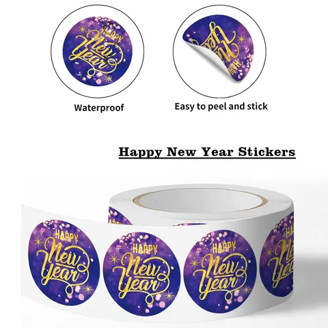 Happy New Year Pegatinas de Sellado Redondas Para Caja de Regalo Pastel Horneado Decoración Etiquetas Cielo Estrellado Púrpura Oro