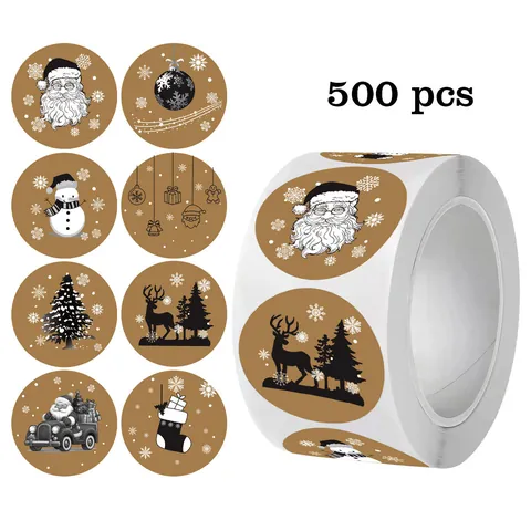 500 Stück Weihnachtsaufkleber Rolle 1 Zoll Rund Kraftpapier Abnehmbar Wasserdicht Merry Christmas Etiketten für Geschenkverschluss