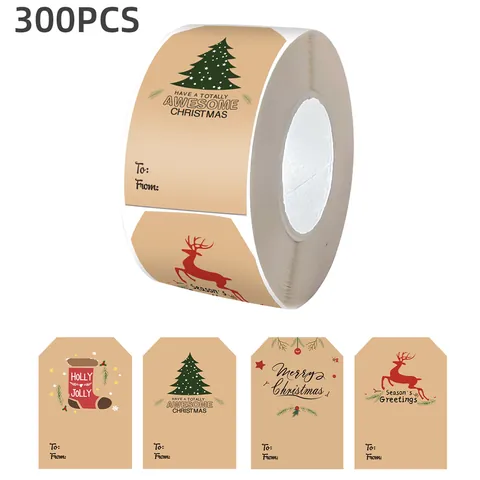 Autocollants Décoratifs en Papier Kraft de Noël Joyeux Noël Renne Sapin Chaussette Étiquettes Cadeau Adhésives Pour Décoration de Fête