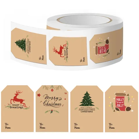 Autocollants Décoratifs en Papier Kraft de Noël Joyeux Noël Renne Sapin Chaussette Étiquettes Cadeau Adhésives Pour Décoration de Fête