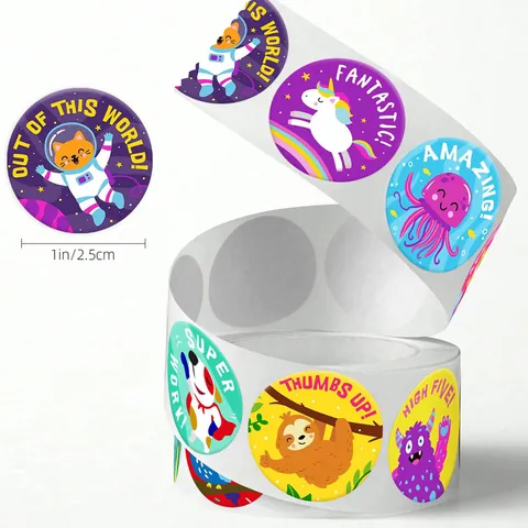 Cartoon Animal Reward Stickers Round PVC Self-Adhesive Encouragement Labels For Teacher Student Classroom DIY Gift Decor