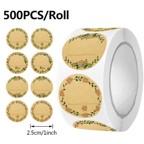 Etiquetas de Papel Kraft Escribibles Pegatinas Redondas Diseño Floral Botánico Pintado a Mano Para Decoración de Regalos