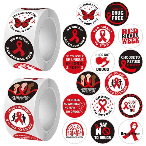 500 Pieces Red Ribbon Week Stickers Drug Free Awareness Labels 1 Inch Round Roll Stickers For Scrapbook Gift Envelope Seal