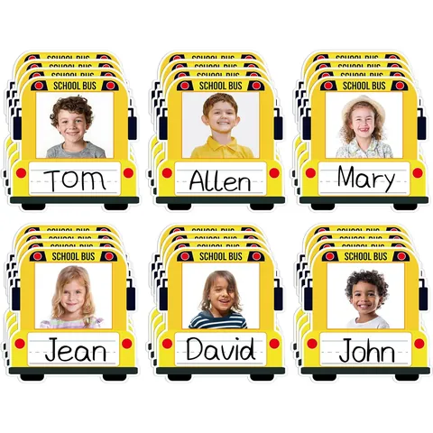 Yellow School Bus Children Photo Name Labels Waterproof PVC Self Adhesive Stickers For Kids Back To School Identification Tag