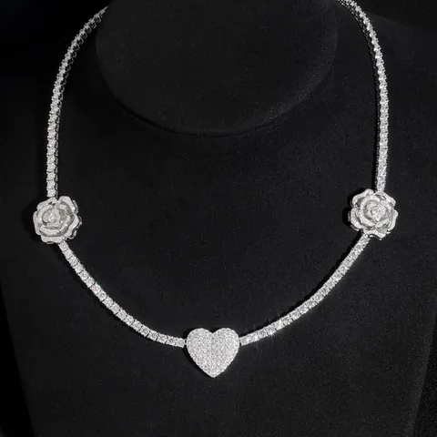 GRA Collana Tennis in Argento Sterling 925 con Moissanite Ciondolo a Forma di Rosa e Cuore Hip Hop Gioielli Personalizzati Uomo Donna