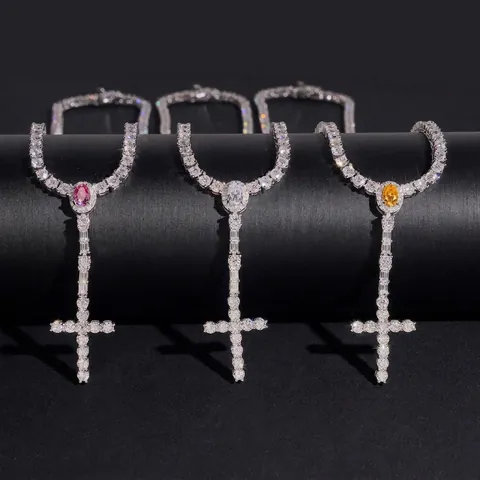 925 Sterling Silver Moissanite Cross Pendant Necklace Hip Hop Tennis Chain With GRA Certificate For Men Women Jewelry
