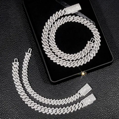 GRA Collar de Eslabones Cubanos de Plata de Ley S925 Con Moissanita para Hombre Mujer Hip Hop 12mm Pavé de Doble Fila Joyería