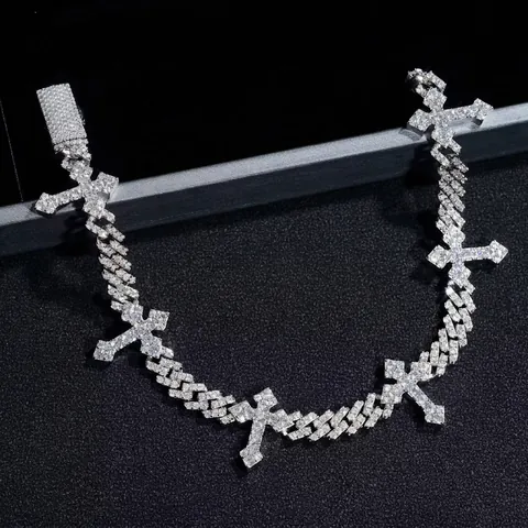 925 Sterlingsilber Panzerkette Armband Mit Kreuzanhängern Moissanit Zirkonia Hip Hop Schmuck Für Damen Herren GRA Zertifiziert