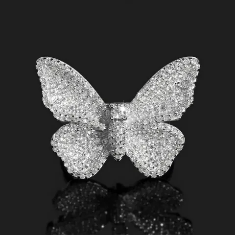 Anillo de Mariposa de Plata de Ley S925 con Moissanita Estilo Hip Hop Banda de Diamantes Pavé Certificado GRA Joyería