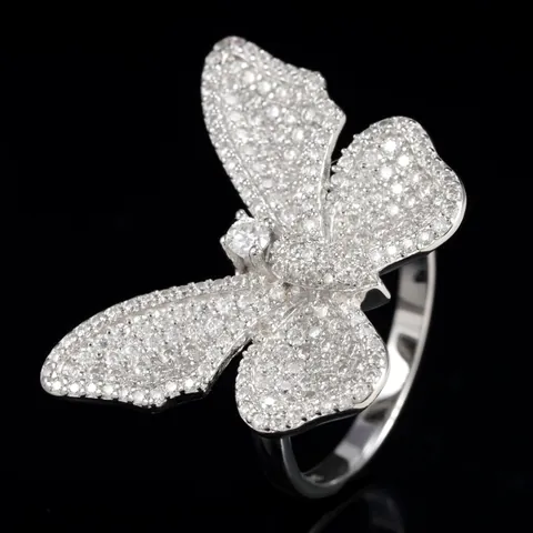 Anillo de Mariposa de Plata de Ley S925 con Moissanita Estilo Hip Hop Banda de Diamantes Pavé Certificado GRA Joyería