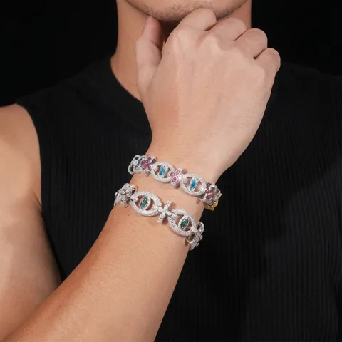 Hip Hop Moissanite Bracelet 925 Sterling Silver Colorful Evil Eye Cross Link Bracelet For Men Women Bling Jewelry With GRA