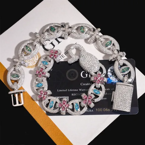 Hip Hop Moissanite Bracelet 925 Sterling Silver Colorful Evil Eye Cross Link Bracelet For Men Women Bling Jewelry With GRA